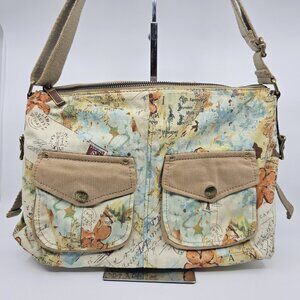 Fossil World Traveler Map Print Messenger Crossbody Bag Purse Cloth Fabric RARE